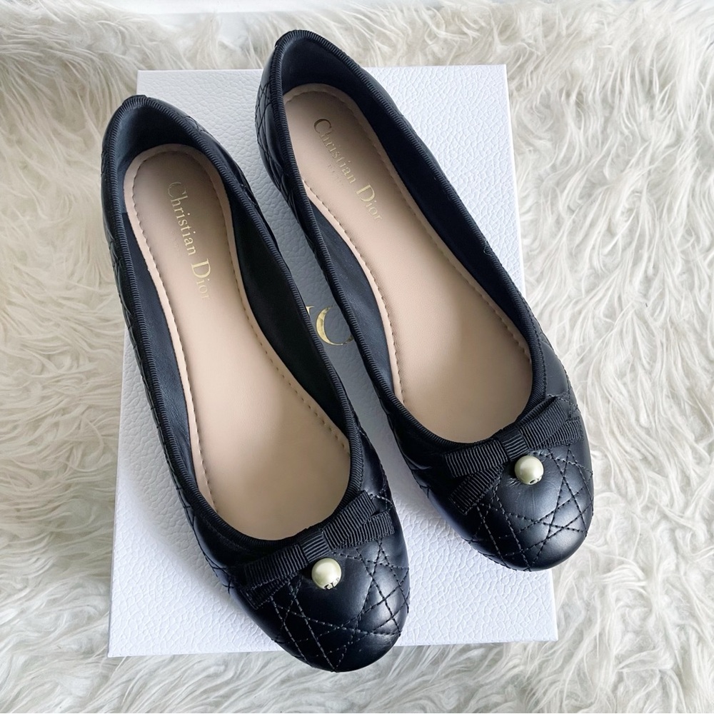 Christian Dior Ballet Flat Black Quilted Cannage Calfskin Pearl Bow size 40 - Picture 14 of 16